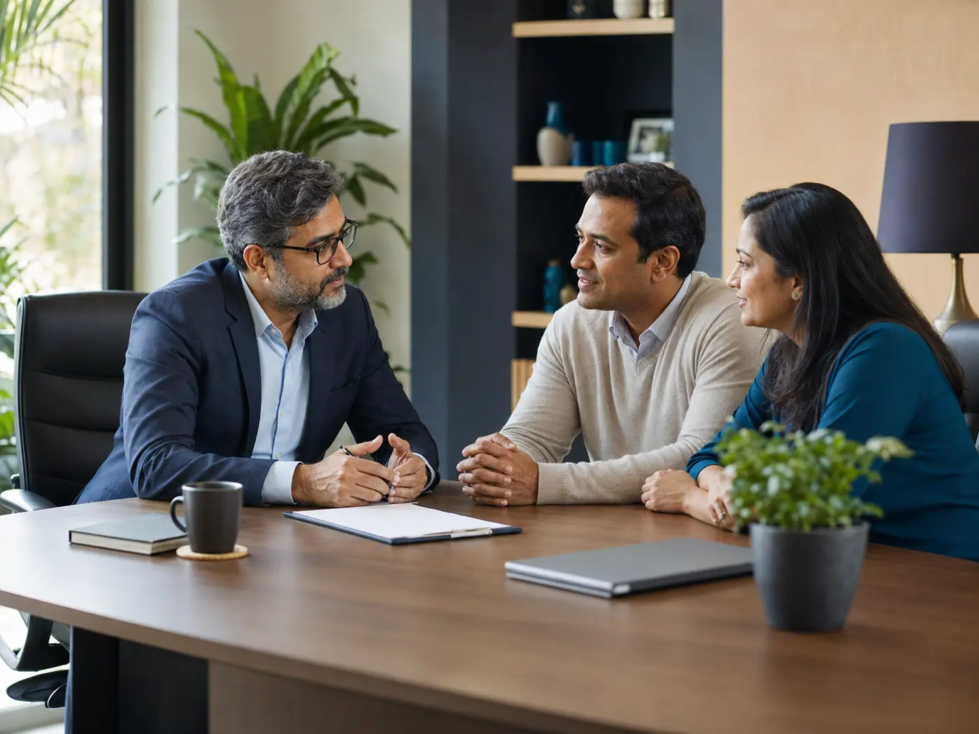 Financial-services professional listening to an Indian couple